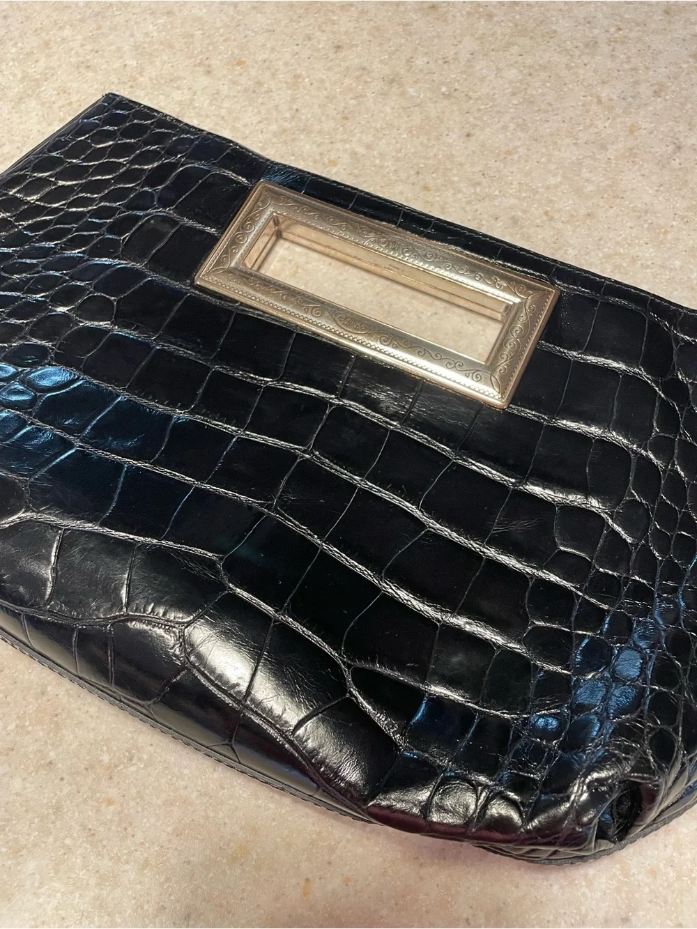 BRIGHTON Vintage Large Leather Clutch Purse Croc Embossed Metal Frame Handle